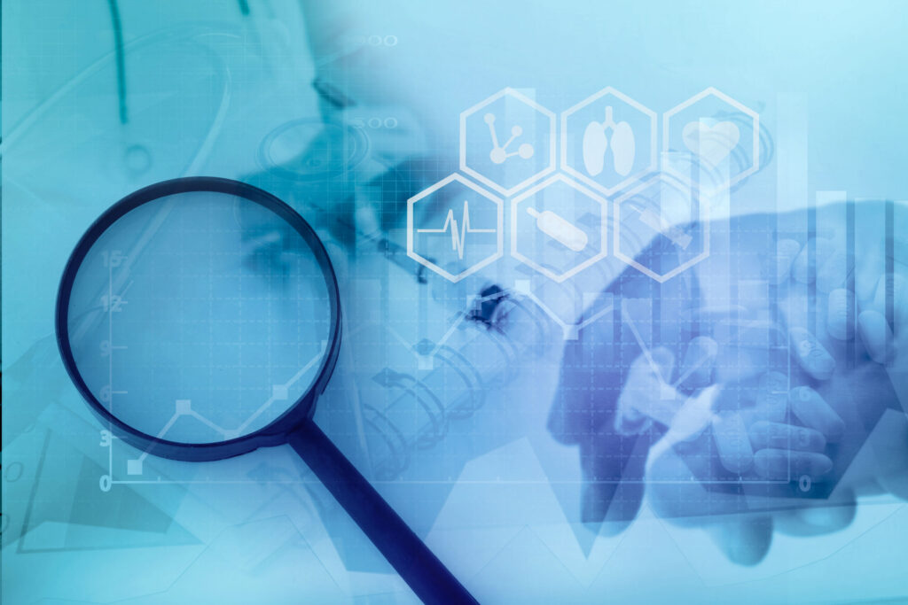 Magnifying glass over medical icons and charts, representing the investigation required to meet Florida's two-year personal injury filing deadline.