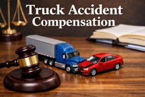 Truck accident compensation illustration showing cargo truck collision near port with legal gavel, representing economic and non-economic damages in a West Palm Beach port-related crash