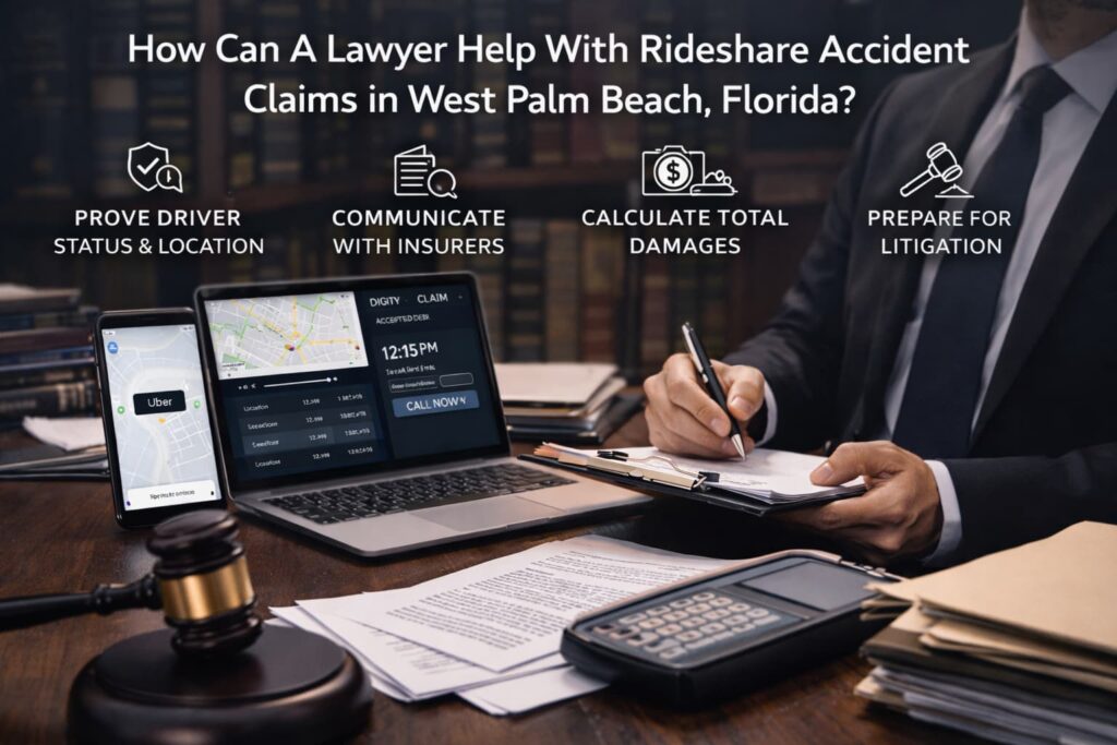 How a Lawyer Helps With Rideshare Accident Claims in West Palm Beach Lawyer reviewing rideshare accident claim data with legal documents and digital app information, illustrating legal help for rideshare claims in West Palm Beach