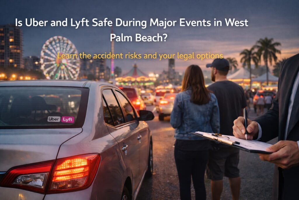 Is Uber and Lyft Safe During Major Events in West Palm Beach Uber and Lyft rideshare vehicle in heavy traffic during a major West Palm Beach event, illustrating rideshare safety risks and legal options